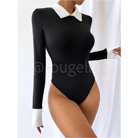 Black Bodysuit White Collar and Cuffs Ribbed Long Sleeve - Picture 4 of 10